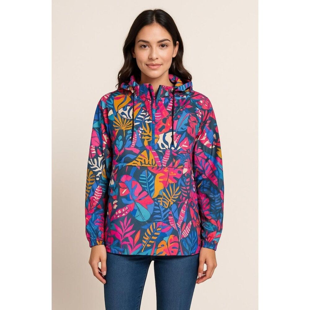 Lauren James Tropical Floral Half Zip Windbreaker Hooded Rain Jacket Size M